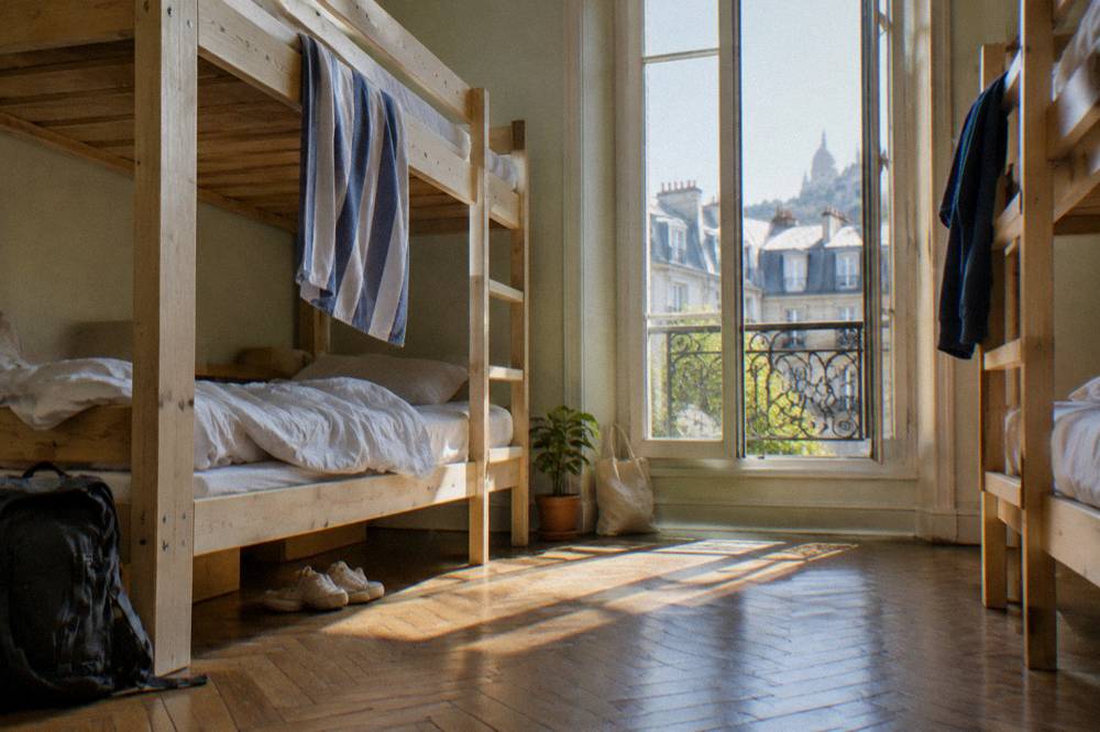 Bunk beds in a bright simple hostel dorm room with a window