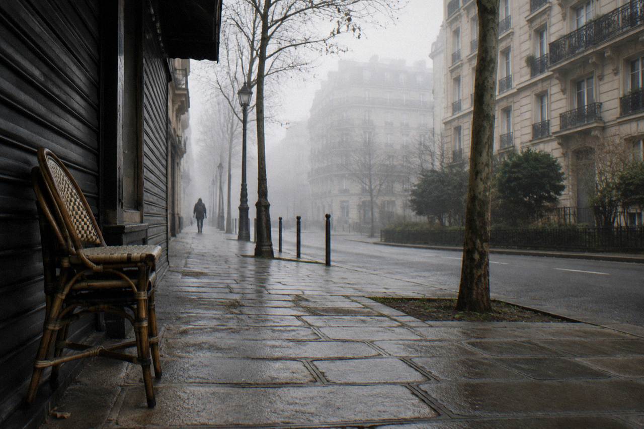 A quiet Paris street at morning with stone buildings and empty pavement