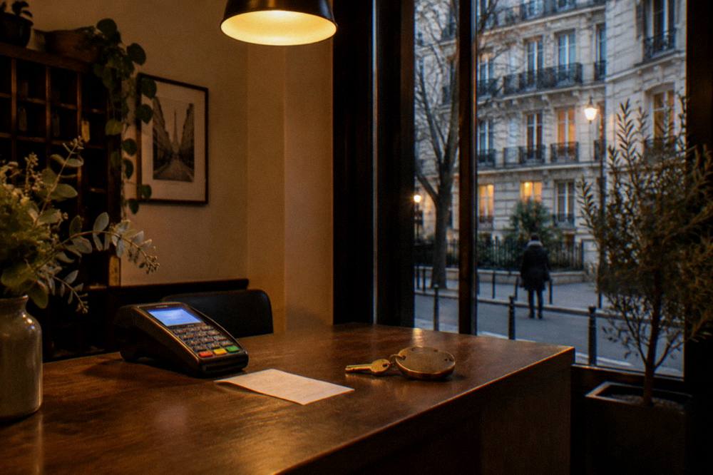 A checkout counter with a card terminal, receipt and room key on the desk