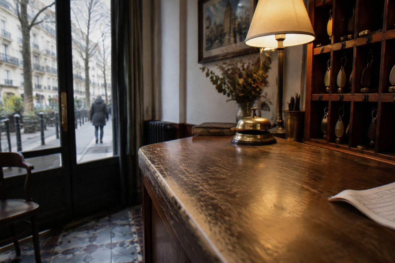 A reception desk in a small Paris hotel with a wooden counter and room keys on a board