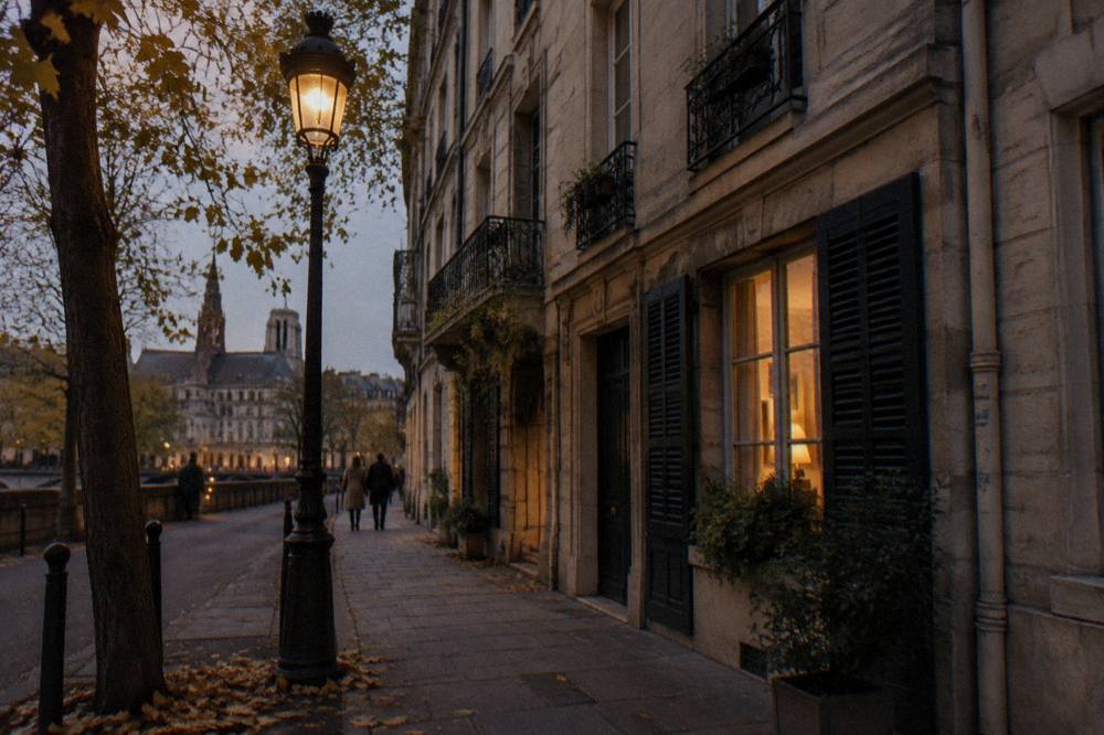 A residential Paris street with stone buildings, shutters and a lit lamppost in the evening