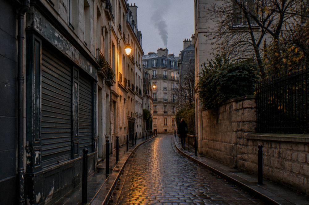 A narrow Paris street in late autumn with shuttered shopfronts and wet cobblestones