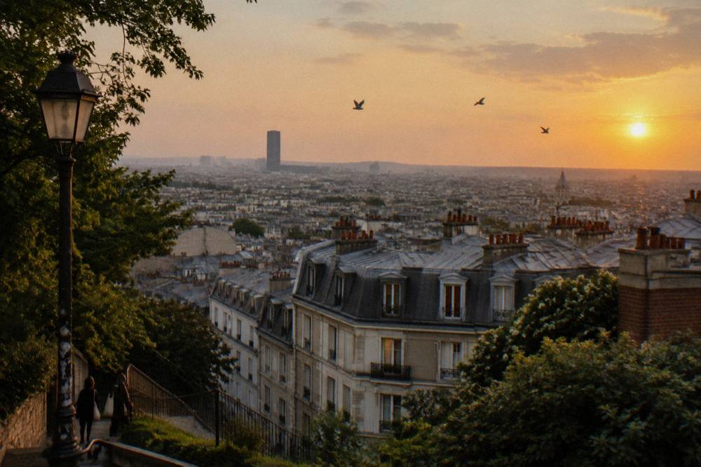 An elevated view over Paris rooftops with chimneys and distant towers