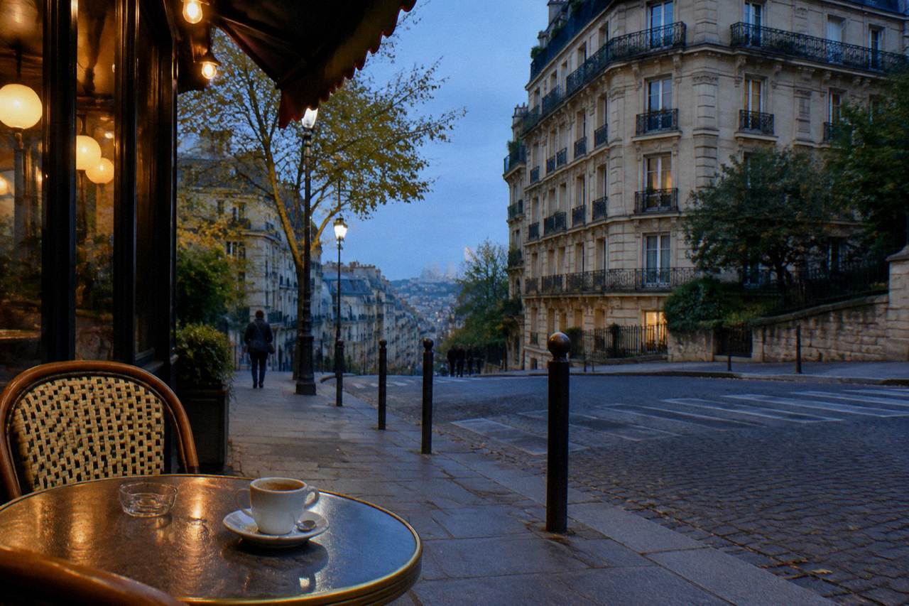 A quiet Parisian street at dusk with haussmannian buildings and a lit corner cafe